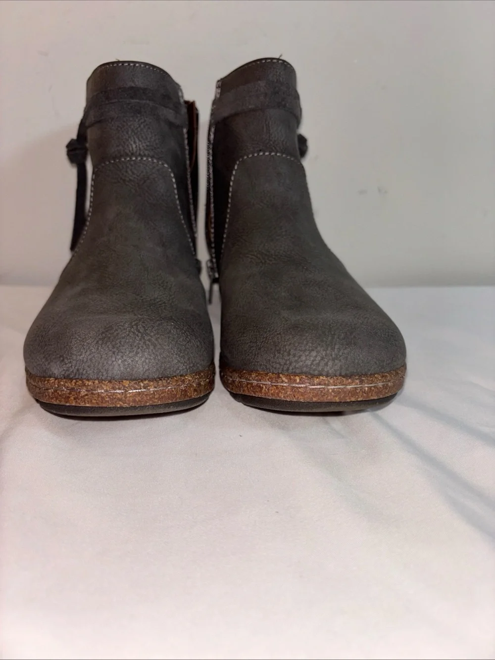 B.O.C Gray Ankle Boots with Cork Trim. 7/8